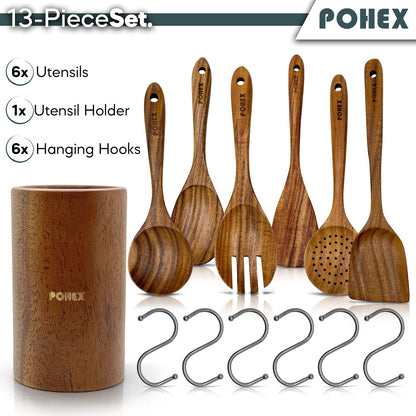 Pohex Teak Wood 12 Piece Kitchen Utensil Set with Wooden Holder/Barrel, 6 Gadgets Wooden Spatula, Spurtle, Slotted Spoon, Salad Spoon and Fork, Small Mixing Spoon and 6 Hooks Handmade Cookware No BPA