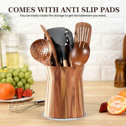 Wcatea 360° with Rotating Extra Large Cooking Utensil Holder,Wood Utensil Holder, 7.6" Kitchen Holder for Countertop Farmhouse Decor