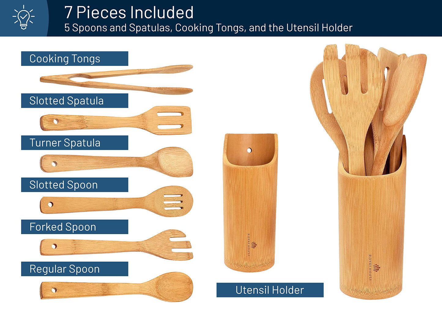 RoyalHouse Wooden Kitchen Utensils Set, 7 Piece Bamboo Cooking Tools and Holder Cooking Spoons and Spatulas, Kitchen Tools, Wood Tool Utensil Sets for Nonstick Pan and Cookware