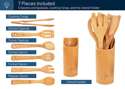 RoyalHouse Wooden Kitchen Utensils Set, 7 Piece Bamboo Cooking Tools and Holder Cooking Spoons and Spatulas, Kitchen Tools, Wood Tool Utensil Sets for Nonstick Pan and Cookware