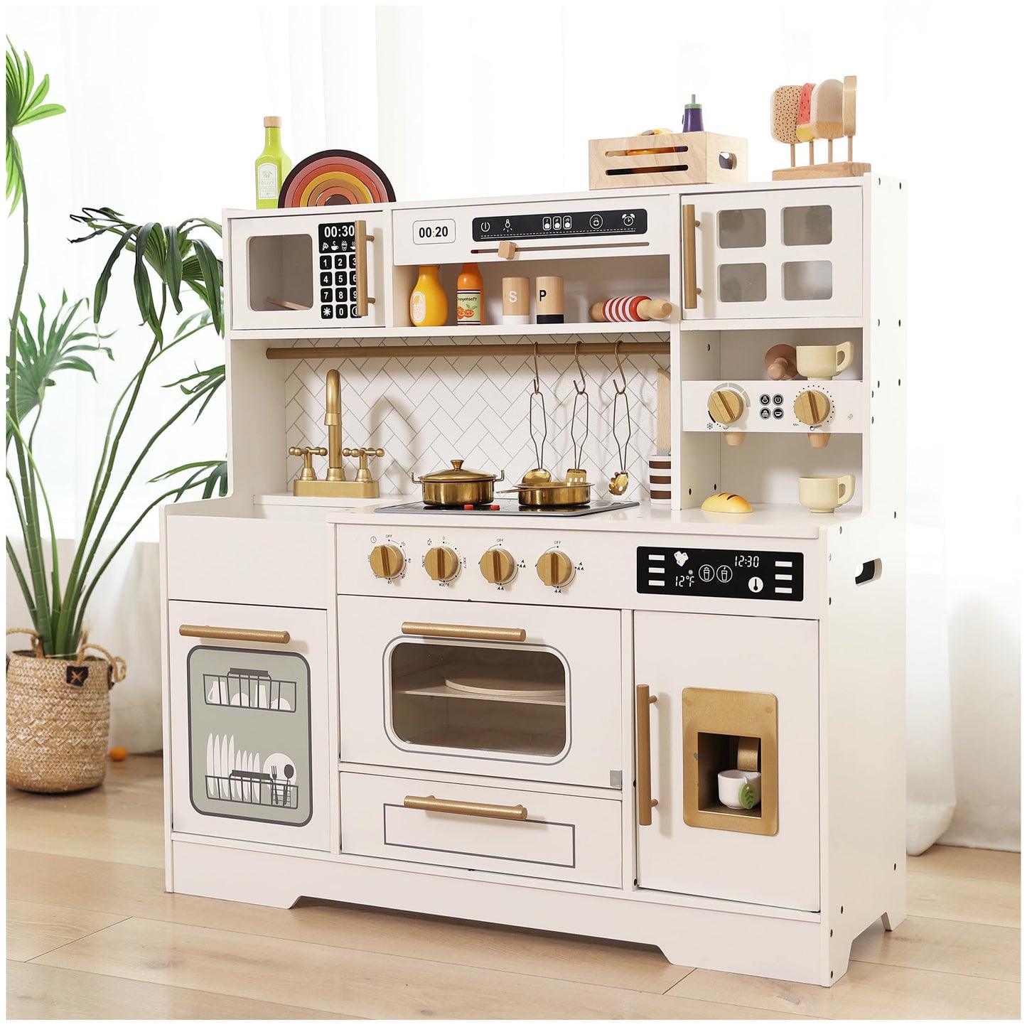 Interactive Wooden Play Kitchen Set for Kids Realistic Features with Extended Storage and 15 Kitchen Accessories, Ideal Pretend Playset Gift for Toddlers and Children Ages 3+