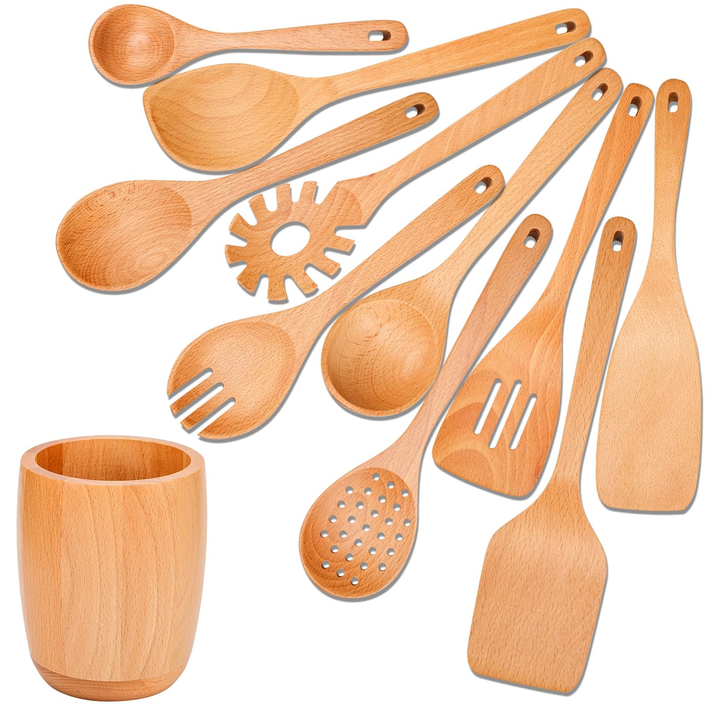 11 PCS WOSPONFAN Kitchen Utensils Set - Wooden Spoons for Cooking, Natural Beech Wood Wooden Utensils - Includes Wooden Spoons, Spatula Set, Slotted Spoon - Handmade Wooden Spoon Set