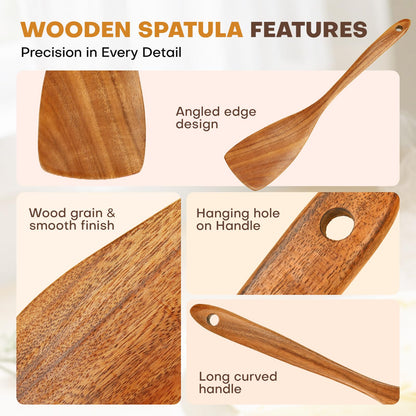 Flat Wood Spatula, EOHASA 12 inch Non Toxic Wooden Spatula for Cooking, Handcrafted Teak Wood Curved Turner Spurtle for Non Stick Pan, Safe Long Handle Cooking Utensils - Scraper for Kitchen Use