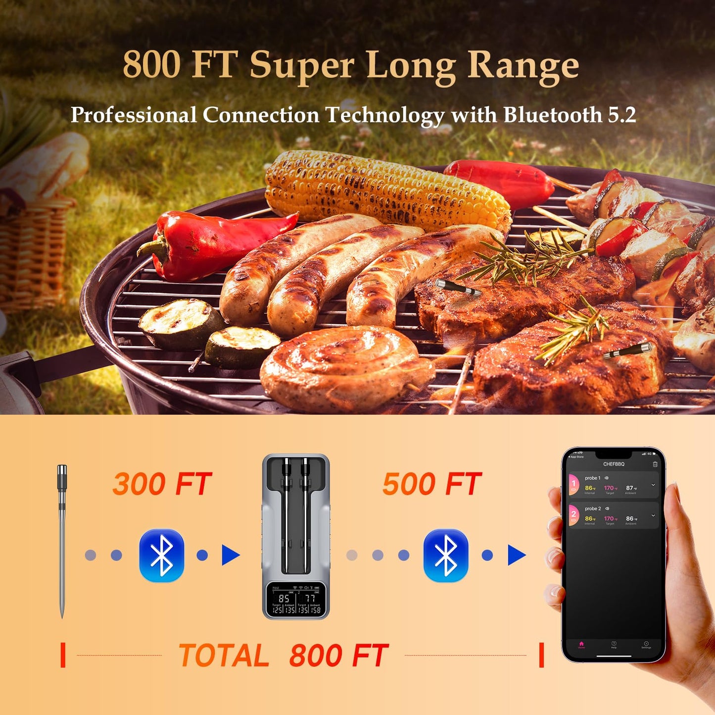 800FT Smart Wireless Meat Thermometer with Digital Meat Probe, Bluetooth Meat Thermometer with App Host Control for Barbecue, Outdoor Grilling, Oven & Smoker (Two*Probe-01)