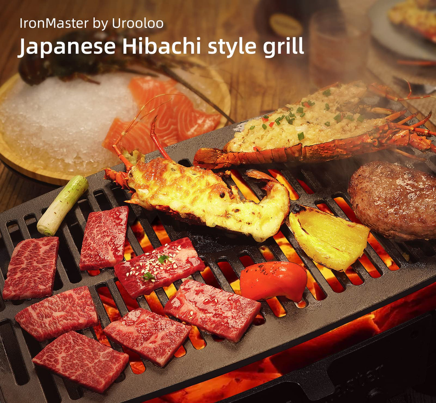 IronMaster Hibachi Grill Outdoor - Small Portable Charcoal Grill, 100% Cast Iron, Japanese Yakitori Tabletop Camping Grill - Cooking Grate Surface 17" x 10.5" for 5-8 People