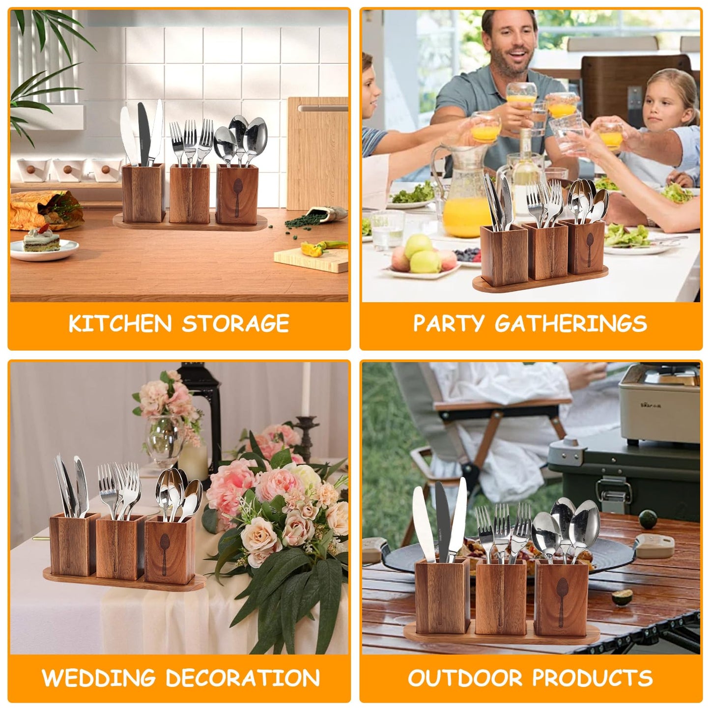 Qivine Acacia Wood Utensil Holder, Wooden Silverware Holder Countertop Utensil Organizer Silverware Organizer with Tray, Kitchen Utensil Organizers for Forks, Spoons, Knives (Acacia)