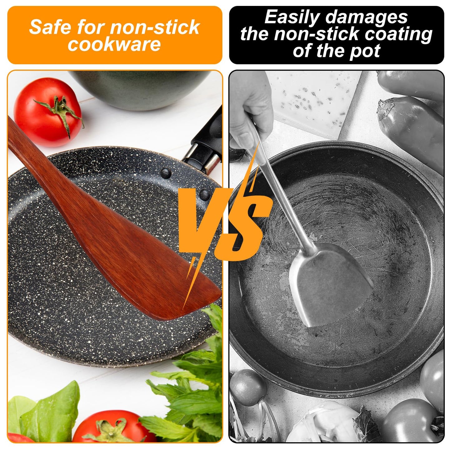 JIYIN 2 Pcs Wooden Cooking Utensils, 12.8 Inches Flat Non Stick Long Handled Frying Kitchen Spatula Turners for Pan and Wok