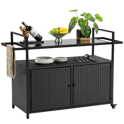 HOMEFUN Outdoor Bar Cart Table - Patio Console Storage Cabinet BBQ Grill Carts Buffet with Wheels Waterproof Wicker Serving Tables for Outside, Black