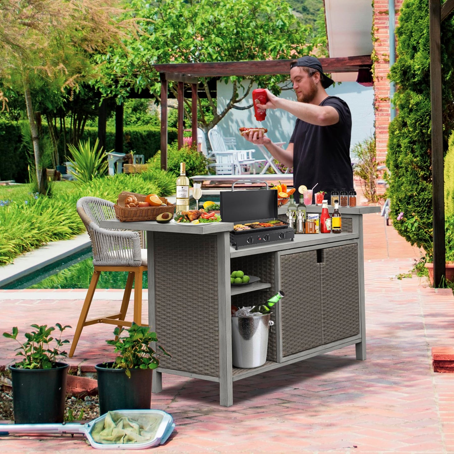 Domi Home Bar Unit，Modern Wicker Outdoor Bar Table with Aluminum Frame, Grill Table and Liquor Cabinet Bar for Patio, Home Kitchen, Dining Room, Living Room, Gray