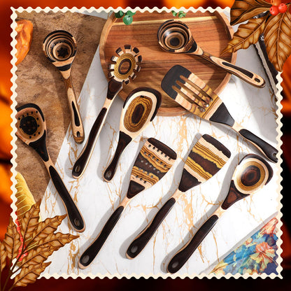 Teenyyou 9 Pcs Pakkawood Kitchen Utensils Pakkawood Soup Ladle Big Deep Soup Spoons Wood Non Stick Utensils with Long Handle for Serving Cooking Kitchen Apartment Tools Women Gifts (Mixed Style)