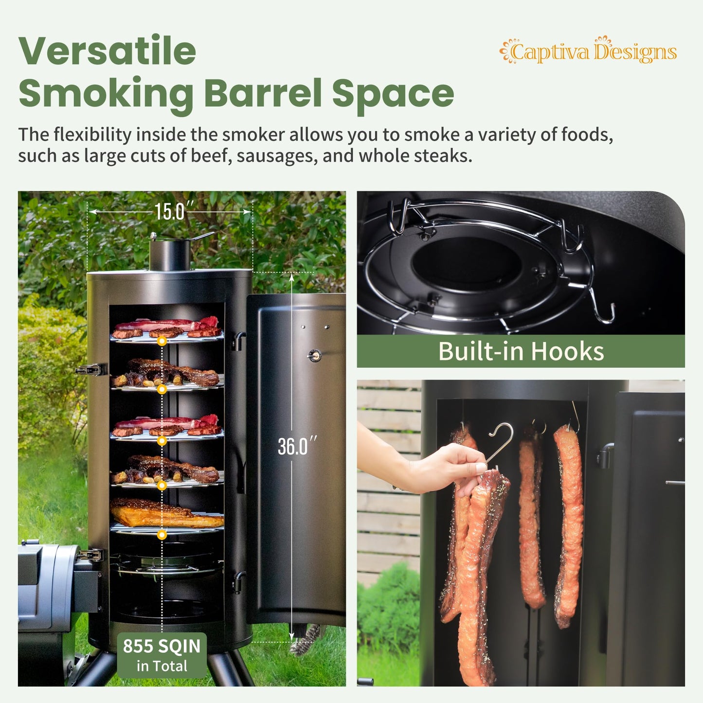 Captiva Designs Charcoal Vertical Smoker Grill and Offset Smoker Grill Combo, Extra Large Outdoor Barrel BBQ Meat Smoker with 5 Removable Smoking Grates & Built-in Hooks for Various Meat Foods