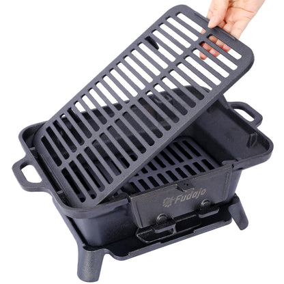 Anveffeg Cast Iron Hibachi Grill – Portable Charcoal BBQ for Outdoor Cooking, Durable Tabletop Skillet, Compact Camping Charcoal Cooker for Tailgating, Picnics & Hunting (Rectangle)