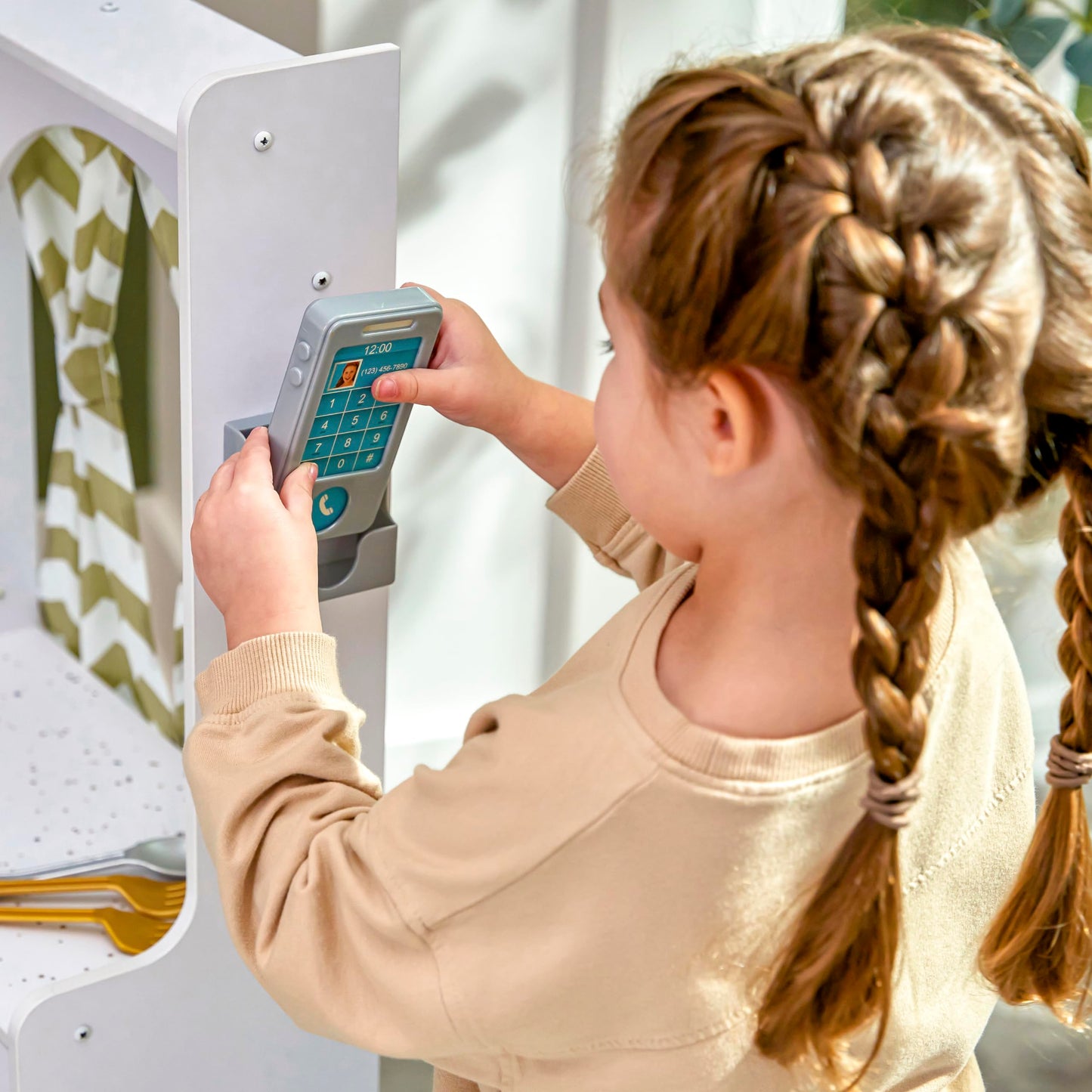 KidKraft Ultimate Corner Wooden Play Kitchen with Lights & Sounds, Play Phone and Curtains, White