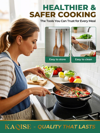 KAQISE Wooden Spatulas for Cooking, Teak Wood Kitchen Utensils Set, Natural Cooking Utensils Set, Flat Wooden Spatulas and Slotted Spatula Set (2Pcs)