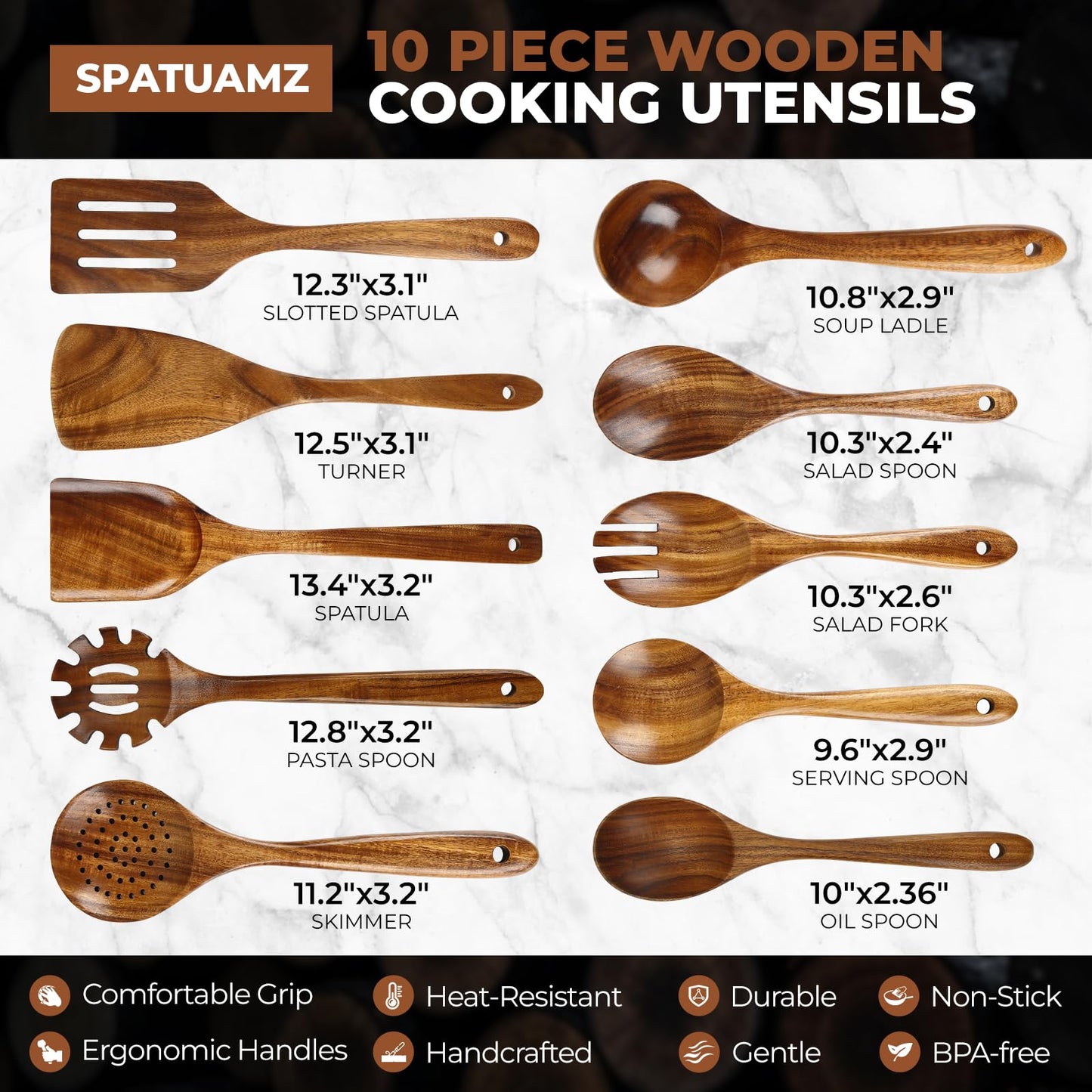SPATUAMZ Teak Wood Spoons for Cooking, Elegant Wooden Cooking Set of 10, Excellent Kitchen Cooking Utensils Set for Home