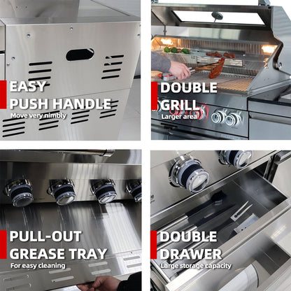 6-Burner 85000 BTU Stainless Steel Gas Outdoor Kitchen Bar Barbecue Modular Island Grill with Wine Cooler Compact Refrigerator + Rotisserie Kit + Granite Countertops + Storage Cabinets & Drawers