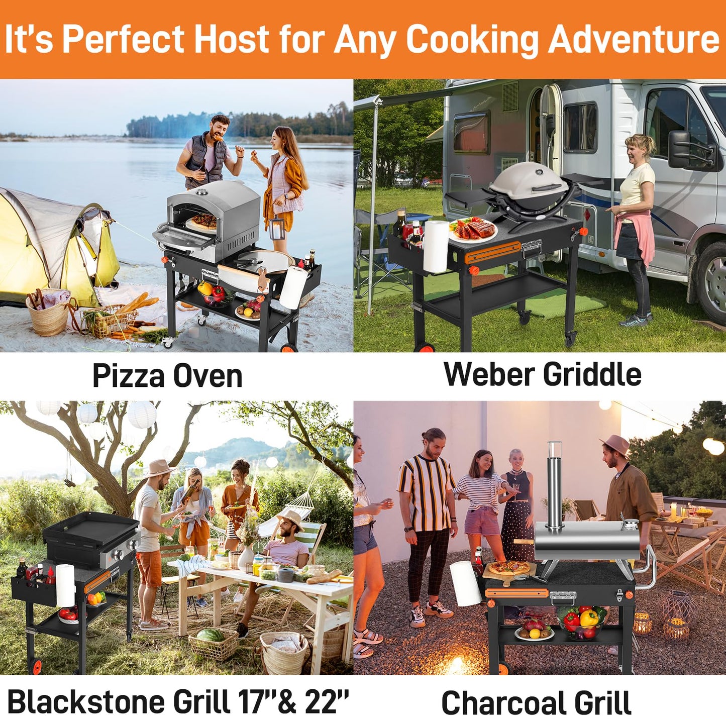 EUTRKei Outdoor Grill Cart with Wheels, Blackstone Griddle Stand for 17" & 22", Folding Grill Table for Weber Grill, Ninja Woodfire Outdoor Grill, Portable Grill Table for Griddle Accessories