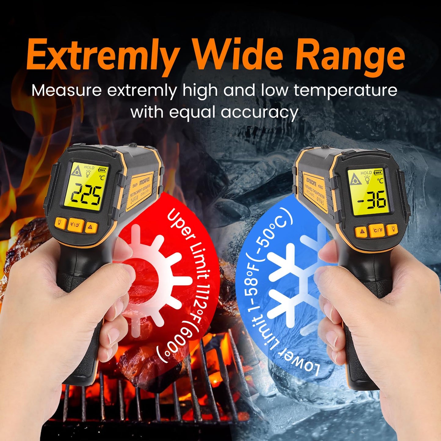 Infrared Thermometer Digital Temperature Gun Laser Meat Thermometer for Cooking, Food, Pizza Ovens, Grilling, Engine, Candy, Laser Griddle, Indoor HVAC Refrigerator Tool -58°F to 1112°F (-50℃~600℃)