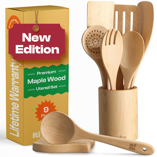 Riveira Maple Wooden Spoons for Cooking Set of 9 – Natural Maple Wooden Cooking Utensils, Wooden Spatula, Wooden Spoon - Premium Quality Wooden Utensil Set for Non-Toxic Cooking