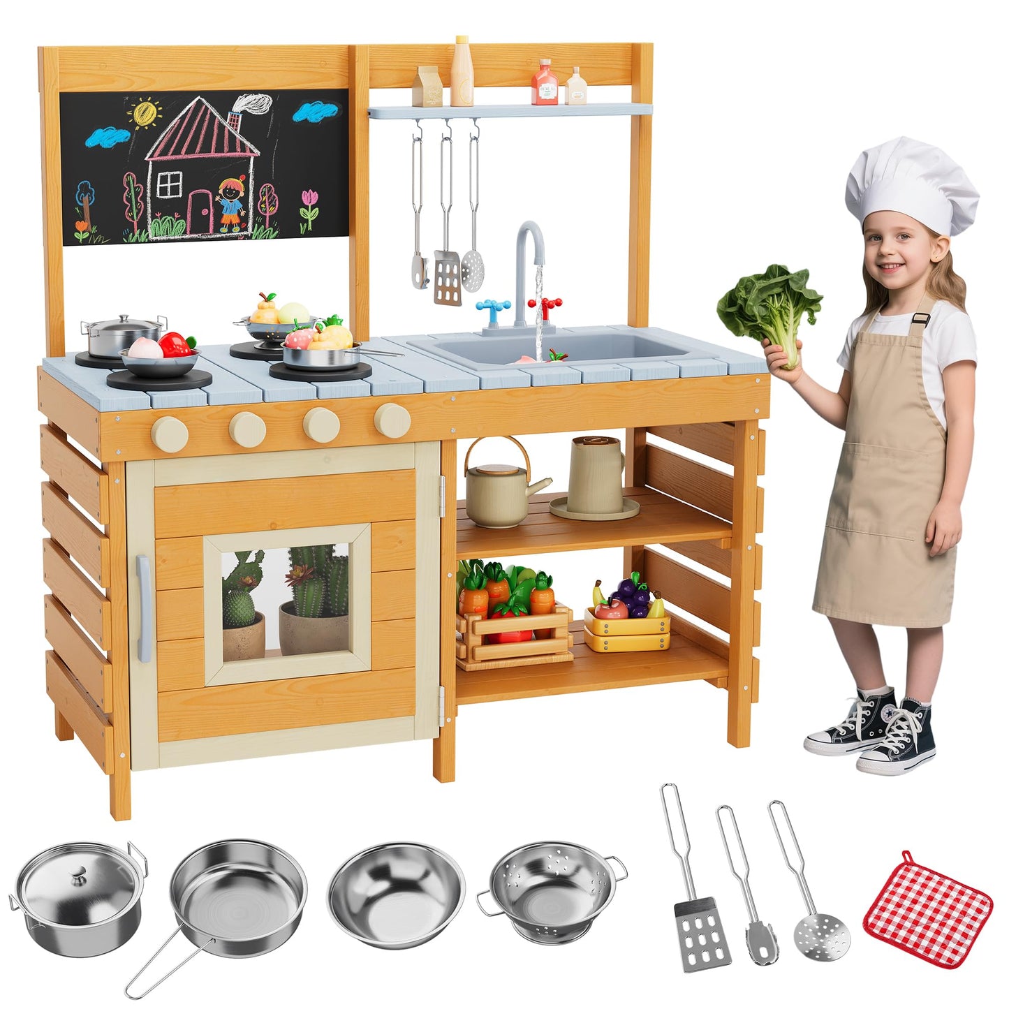 Mud Kitchen for Kids Outdoor Wooden Pretend Play Kitchen Set with See-Through Planter Box, Removable Sink & Faucet, Chalkboard, Storage Shelves＆Pretend Stove Montessori Learning Playset Toy for Toddle