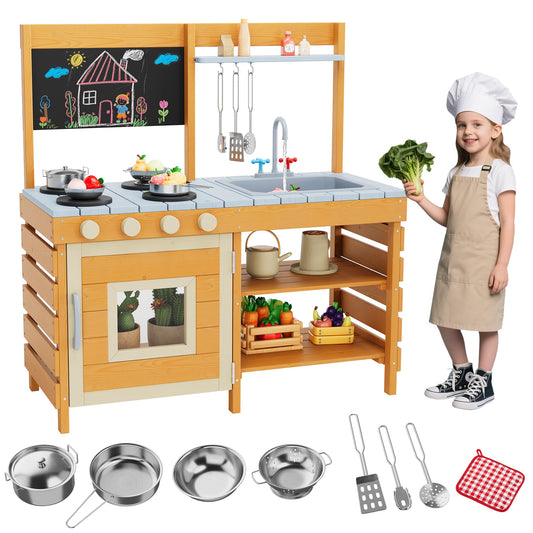 Mud Kitchen for Kids Outdoor Wooden Pretend Play Kitchen Set with See-Through Planter Box, Removable Sink & Faucet, Chalkboard, Storage Shelves＆Pretend Stove Montessori Learning Playset Toy for Toddle