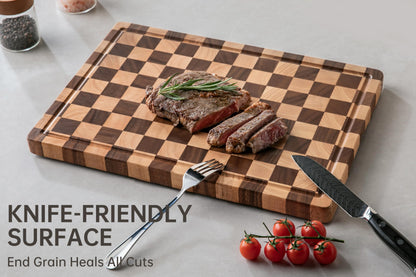 THETCHRY Cutting Boards for Kitchen, Design in USA Large Acacia Wood Chopping Board, Checkered Cutting Board with Juice Grooves & Handles, Butcher Block Serving Tray with Gift Box 16.5" x 11.6" x 0.8"