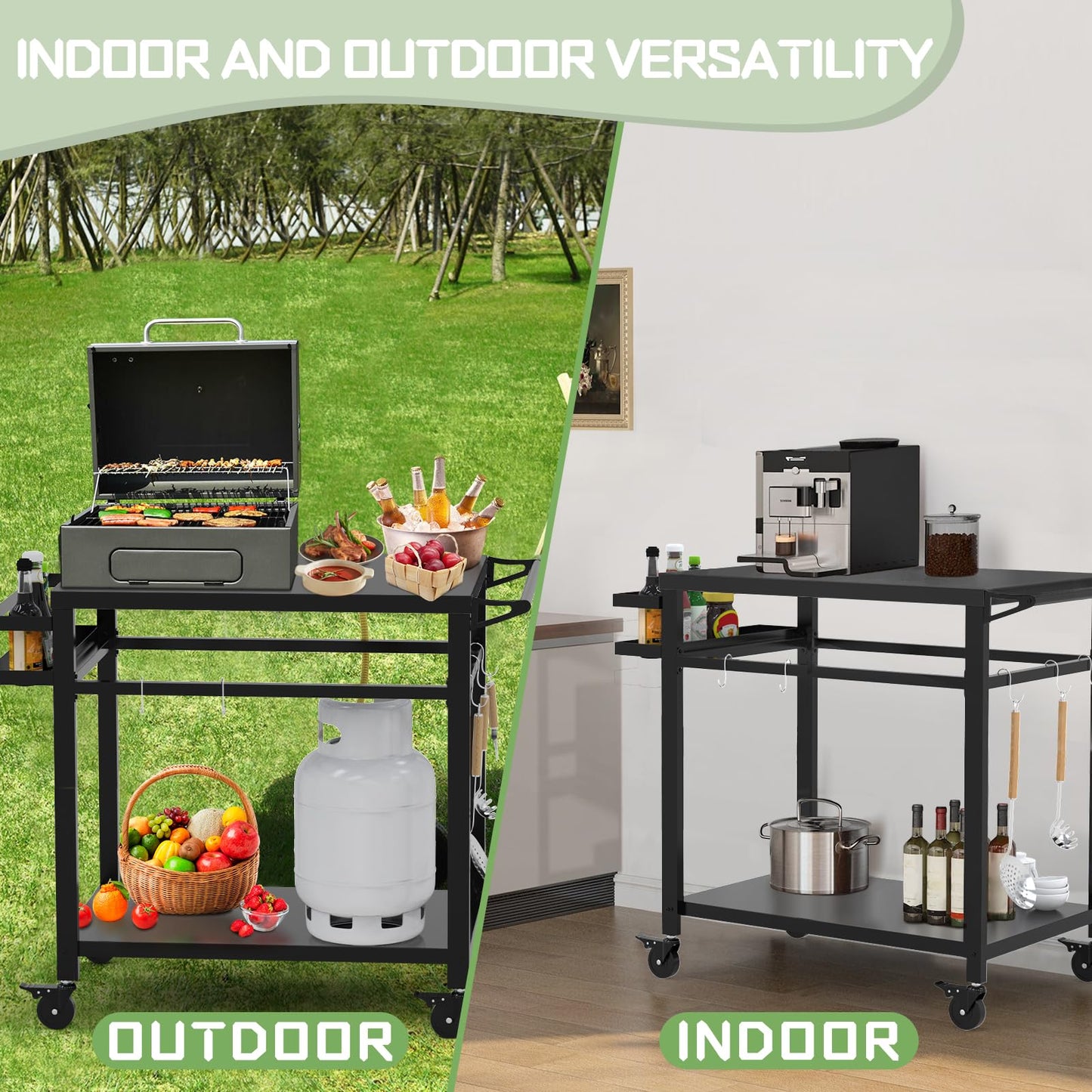 32"x 20" Stainless Steel Outdoor Grill Table, Movable Grill Cart, Outdoor Kitchen Island Prep Stand Station, Pizza Oven Table, Grill Stand Fits Griddle 17" 22", Rolling Bar Cart with 5 Utensil Hooks