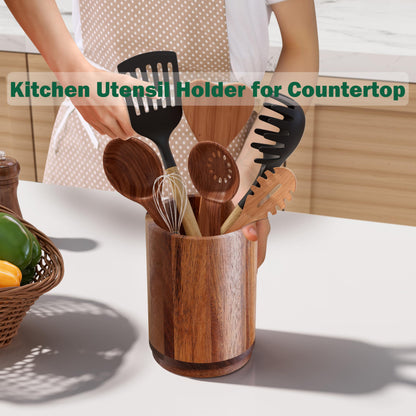 Segtenant Utensil Holder, Acacia Wood Kitchen Utensil Holder for Countertop, 360°Rotating Cooking Utensil Crock for Kitchen Counter, 7.2" Large Utensil Organizer for Spatula