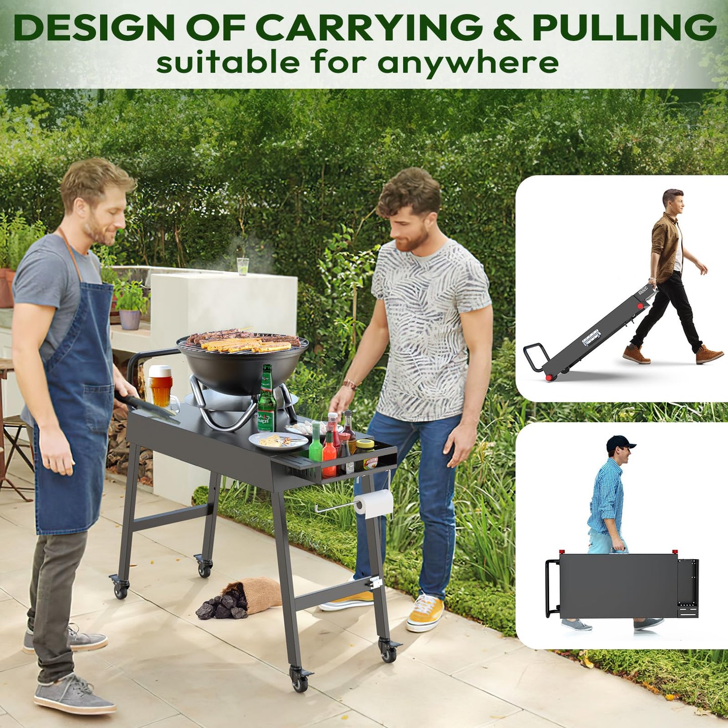 NUUK 31"x17" Outdoor Foldable BBQ Grill Table Cart Portable Folding Prep Worktable for Outside Cooking, Pizza Oven, Heavy-Duty 300LBS Capacity with Universal Wheels, Hander