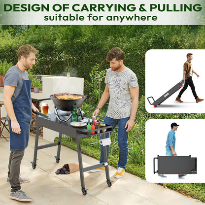 NUUK 31"x17" Outdoor Foldable BBQ Grill Table Cart Portable Folding Prep Worktable for Outside Cooking, Pizza Oven, Heavy-Duty 300LBS Capacity with Universal Wheels, Hander