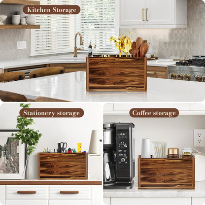 Yirilan Wooden Kitchen Utensil Holder for Counter, Acacia Wood Utensil Holder for Storage Cooking and Silverware with 4 Compartment, Rustic Wooden Organizer Container