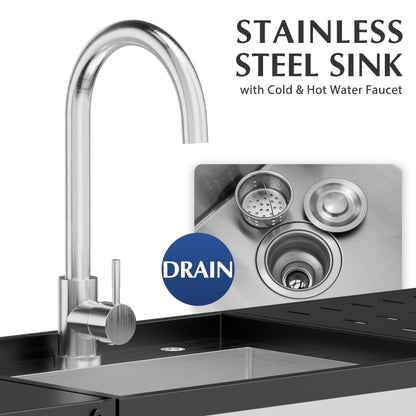 LUCKWIND 55 Inch Freestanding Kitchen Utility Sink with Stainless Steel Single Bowl, Foldable Countertop and Cold & Hot Water Faucet for Farmhouse, Garage, Outdoor, Laundry and Commercial Use