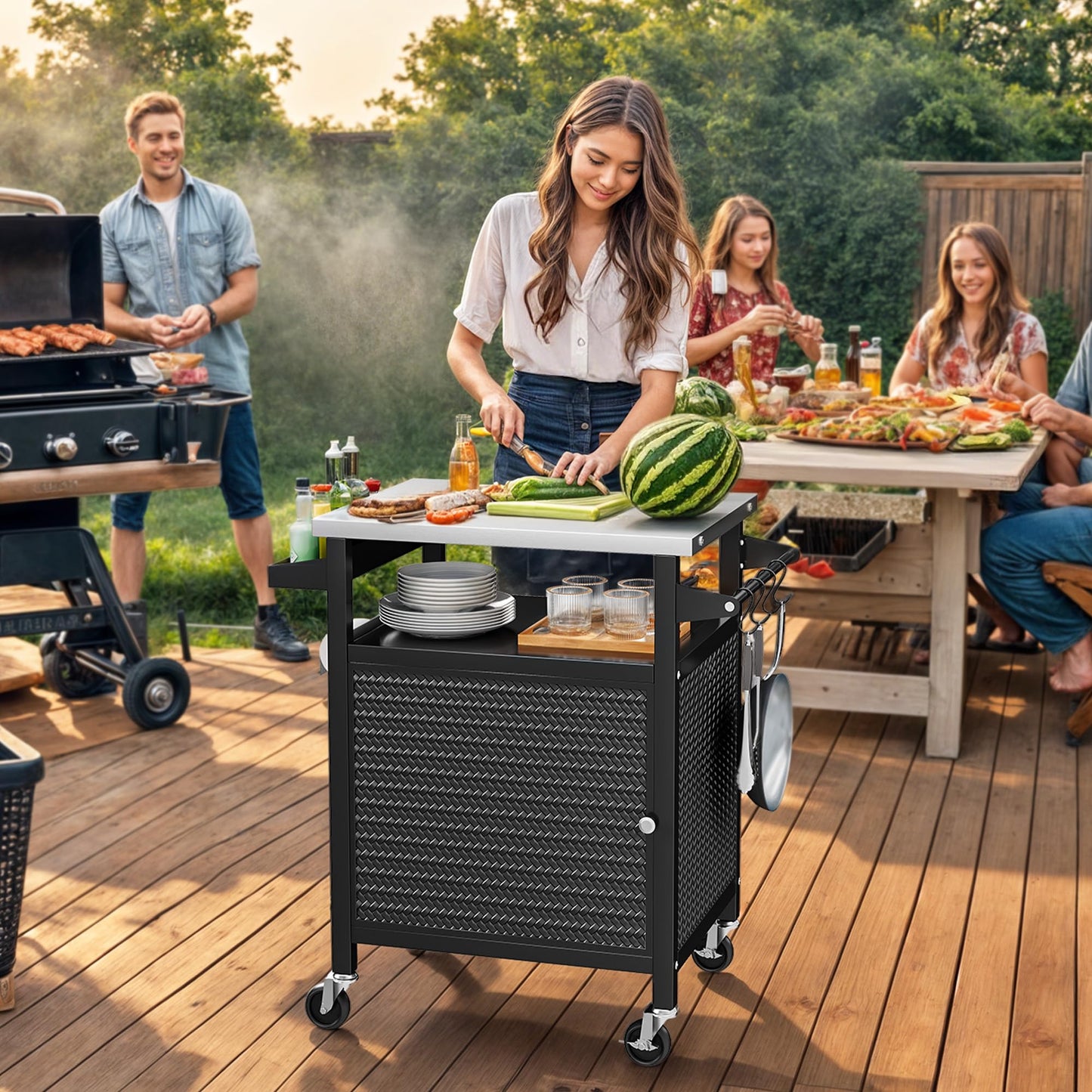 YITAHOME 25 Inch Outdoor Grill Cart with Stainless Steel Top, Outdoor Grill Table with Storage Shelves for Patio, Kitchen Prep, Grilling Accessories, Black