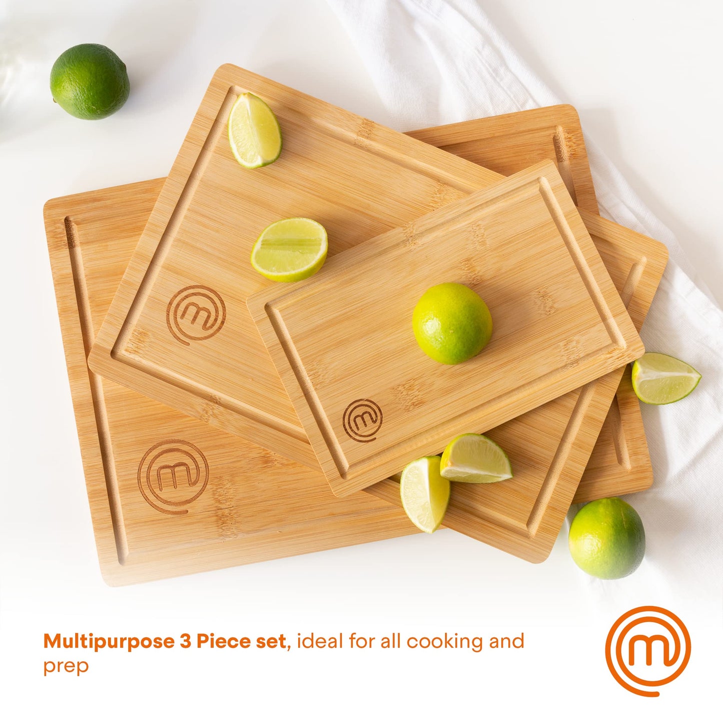 MasterChef Bamboo Cutting Boards for Kitchen, Wooden Cutting Board Set of 3, Natural, Organic & Food Safe Surface, Reversible Large, Medium & Small Wooden Chopping Boards with Juice Grooves