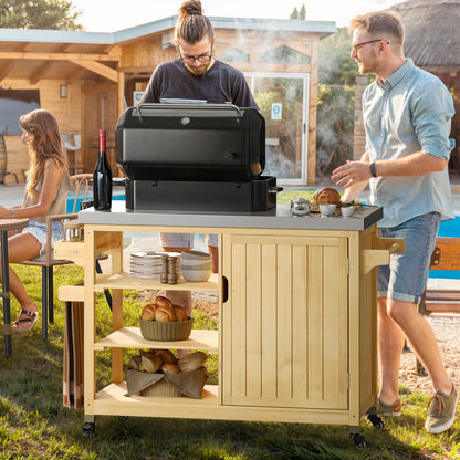 YITAHOME XL Solid Wood Outdoor Grill Cart Storage Cabinet with Stainless Steel Table Top and Spice Rack, 53.74’’ L x 20.27’’ W Patio Bar Cart, Outdoor Kitchen with Lockable Wheels, Single Door Natural