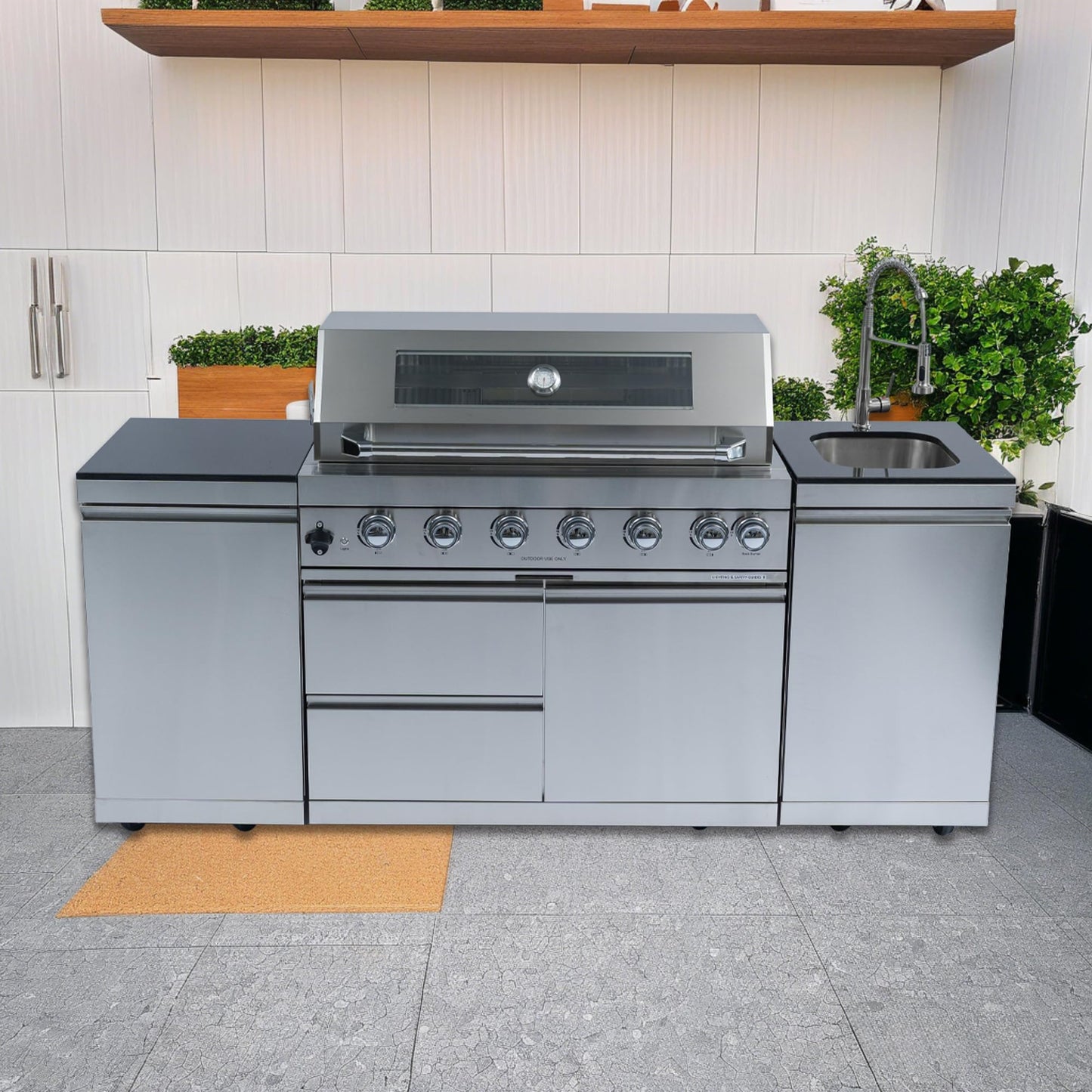RENDGO 82 Inches 6 Burner Gas Grill Outdoor Kitchen Island, 85,000 BTU Deluxe Stainless Steel Modular Outdoor Kitchen, Sink, Storage Cabinets & Drawers, BBQ Island for Patio Backyard,Stainless Steel