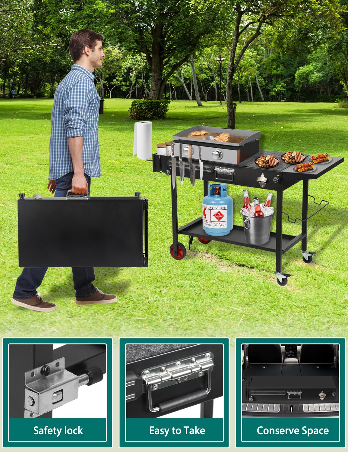 FATOK Portable Grill Cart Table with Wheels, for 17-22 Inch Blackstone Griddle Stand, Foldable BBQ Prep Station with Seasoning Tray