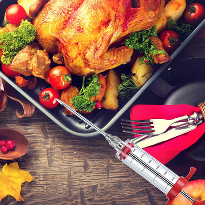 Meat Injector Syringe,Stainless Steel Food Seasoning Syringe Kit with 1pc Barbecue Brush, 2pcs Needles and 1pc Needles Cleaner, Great for BBQ, Grilling, Baking and Cooking