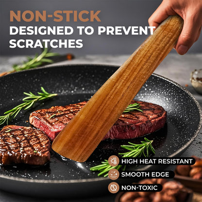 AIUHI Natural Teak Wood Spatula for Cooking, 12 Inches Flat Wooden Turner, Small Wood Flippers Handmade for Nonstick Cookware Turning Flipping Serving and Scraping. Set of 2