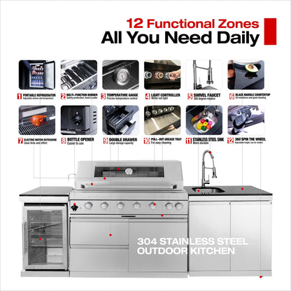 96in Overisized Modular Outdoor Kitchen Bar, 6 Burner 85000 BTU Deluxe Stainless Steel Gas Barbecue Island Kitchen for Backyard w BBQ Grill, Refrigerator, Rotisserie Kit, Countertops, Cabinets, Sink