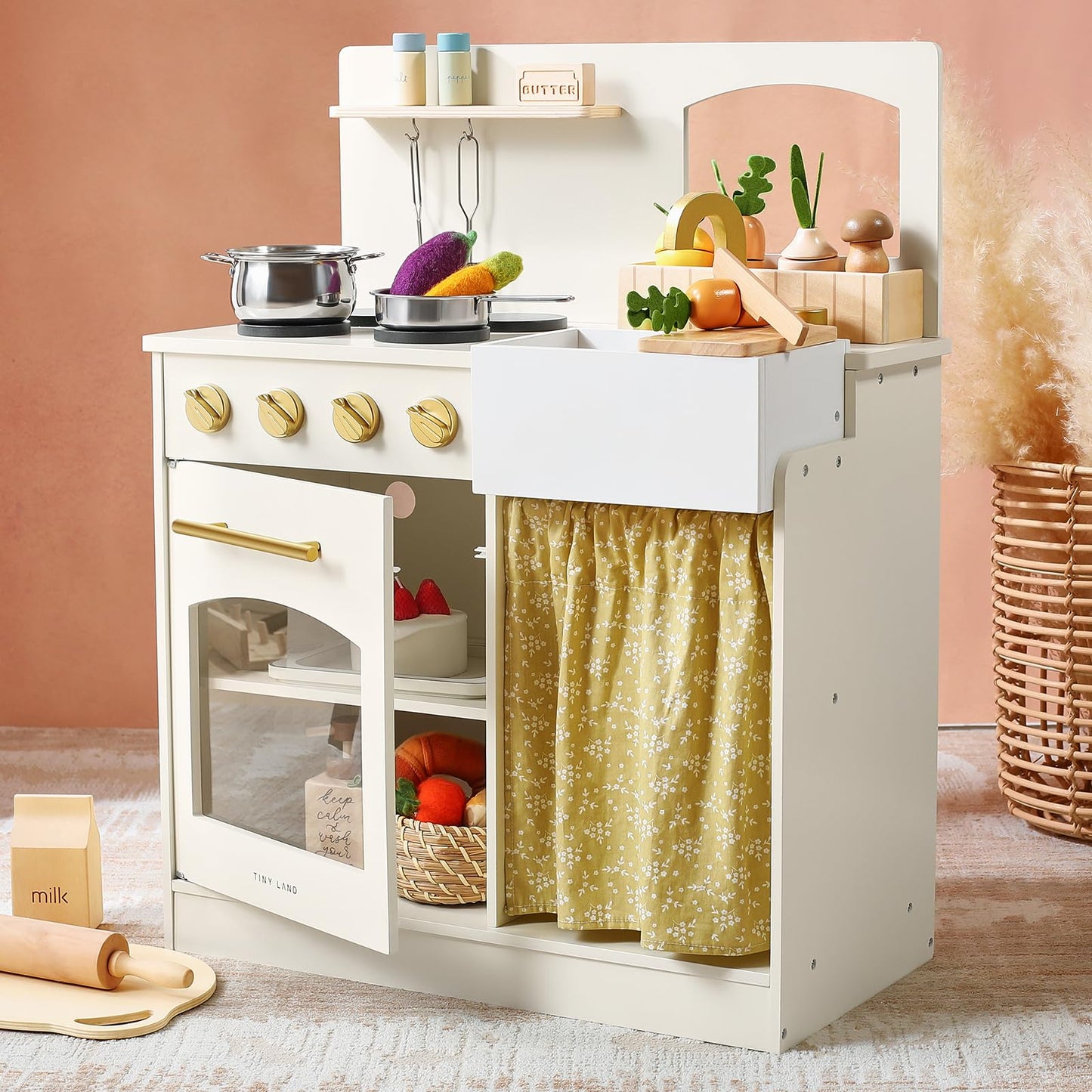 Tiny Land Play Kitchen, Kids Kitchen Playset, Toddler Kitchen with Cutting Food Set, Wooden Kitchen Sets for Kids, Best Gift for Girls and Boys