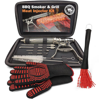 BBQ Smoker Grill Professional Meat Injector Syringe Kit for Smoking with Case, Heat Resistant Non Slip Gloves and Silicone Mop Brush for Turkey Marinade Injection