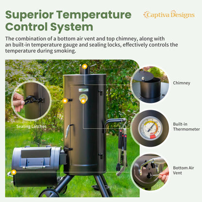 Captiva Designs Charcoal Vertical Smoker Grill and Offset Smoker Grill Combo, Extra Large Outdoor Barrel BBQ Meat Smoker with 5 Removable Smoking Grates & Built-in Hooks for Various Meat Foods