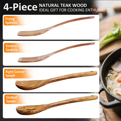 Wooden Spoons for Cooking, Teak Spatulas for Kitchen Use -Wooden Cooking Utensils Set of 4 for Nonstick Pans & Cookware – Sturdy& Heat Resistant, Includes Solid/Slotted Spatulas and Spoons