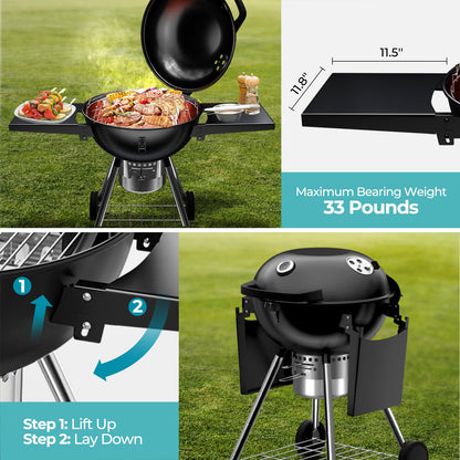 22 inch Charcoal Grills with Table, Portable BBQ Grill for Outdoor Camping, Barbecue Grill with Cover, Ash Catcher, and 2 Charcoal Boxes, 2 Wheeled Kettle Grill for Outdoor Cooking Family Party