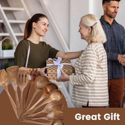 HAKSEN Wooden Spoons for Cooking, 10PCS Natural Acacia Wood Kitchen Utensils Set, Wooden Utensil Set for Nonstick Cookware, Smooth Finish, Sturdy & Durable