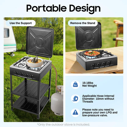 4-Burner Propane Gas Stove, 34120 BTU Output for Patio Garden Barbecue Grilling, Free Standing 2-Tier Storage Rack for Apartments, Outdoor, Rvs, Black