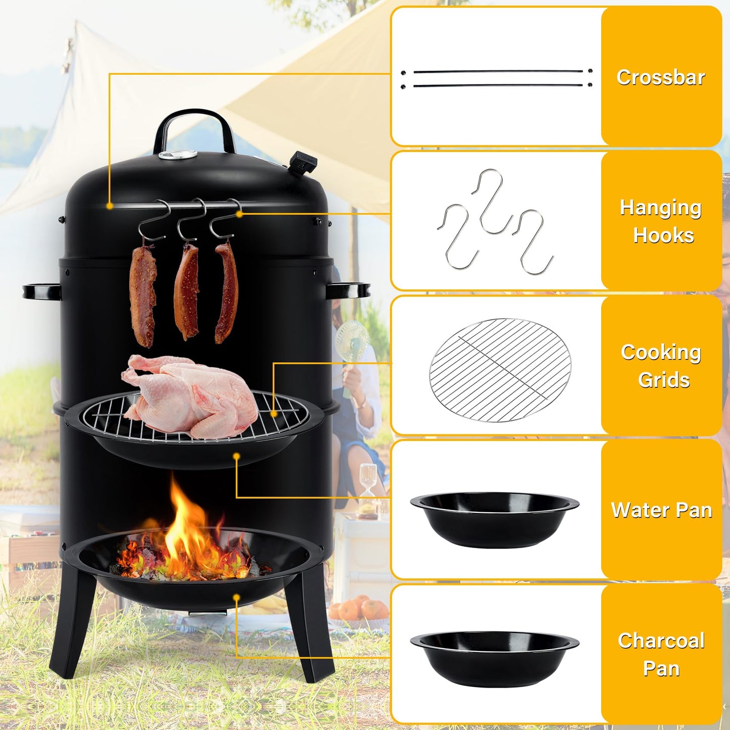 TCFUNDY 32" Vertical Charcoal Smoker Grill, Heavy-Duty BBQ Grill with Built-in Thermometer, 3 in 1 Grill and Smoker, Portable Meat Cooker with Air Vent for Outdoor Barbecue Cooking