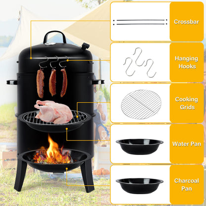 TCFUNDY 32" Vertical Charcoal Smoker Grill, Heavy-Duty BBQ Grill with Built-in Thermometer, 3 in 1 Grill and Smoker, Portable Meat Cooker with Air Vent for Outdoor Barbecue Cooking