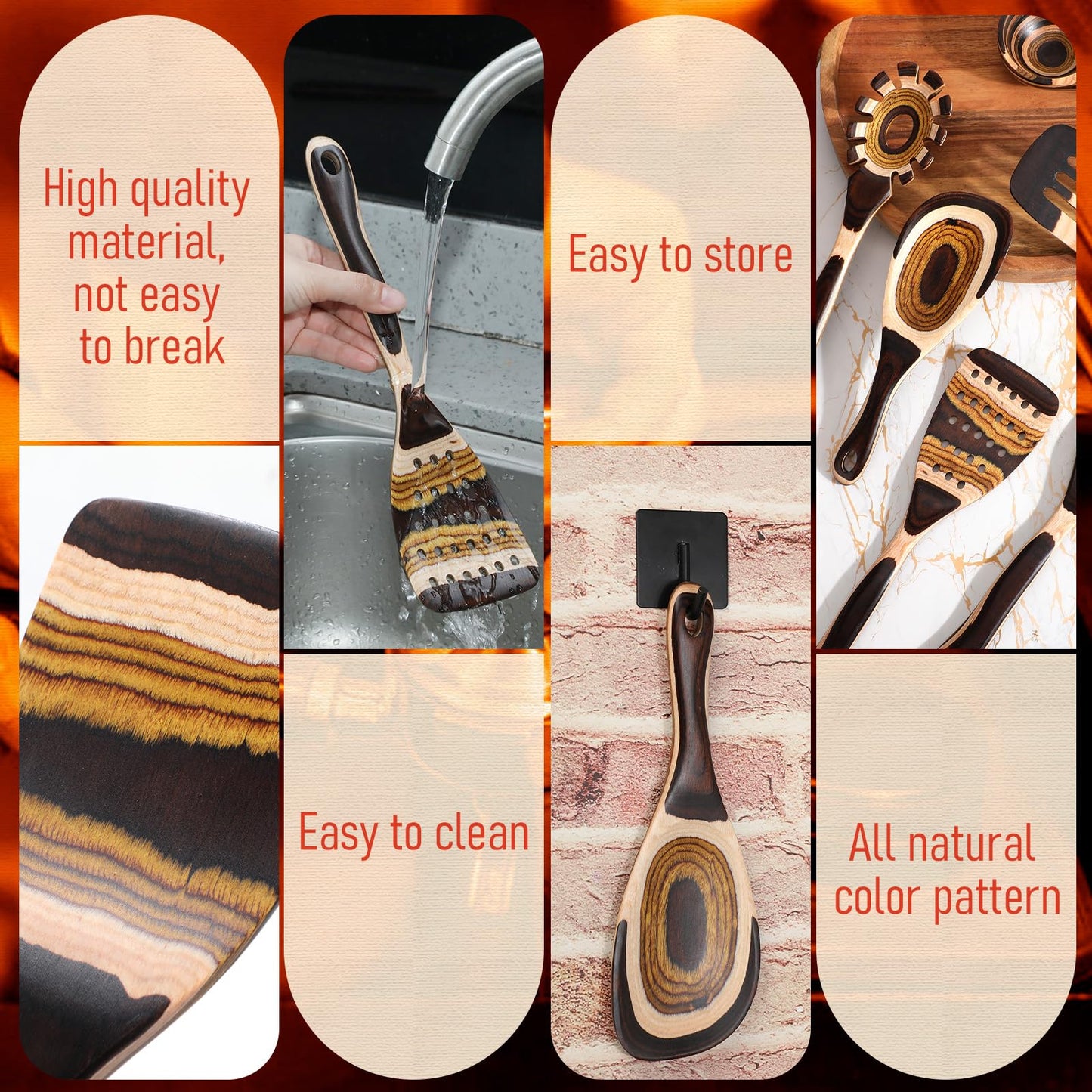 Teenyyou 9 Pcs Pakkawood Kitchen Utensils Pakkawood Soup Ladle Big Deep Soup Spoons Wood Non Stick Utensils with Long Handle for Serving Cooking Kitchen Apartment Tools Women Gifts (Mixed Style)